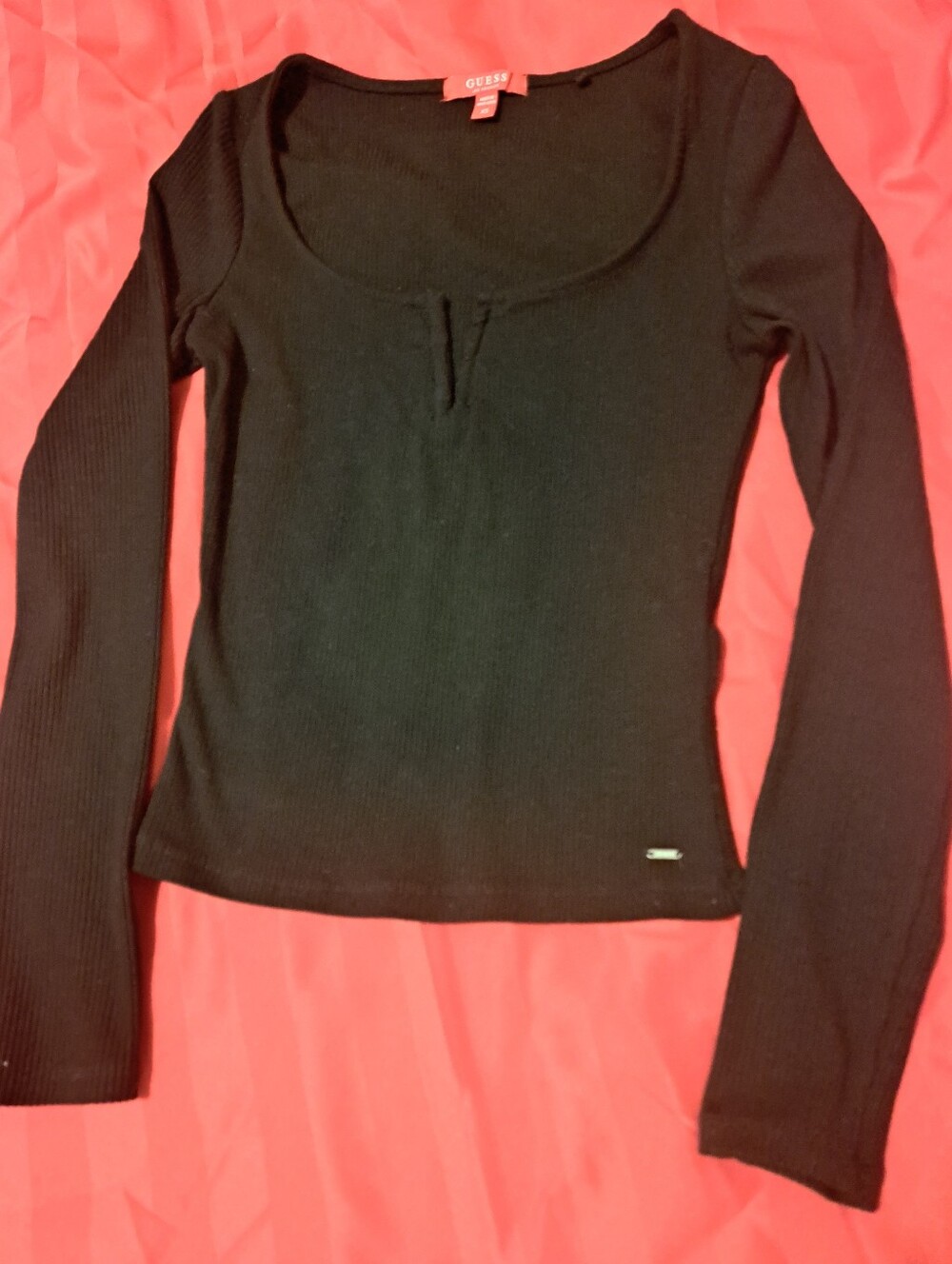 Guess Women Black Ribbed Long Sleeve Scoop Neck Top